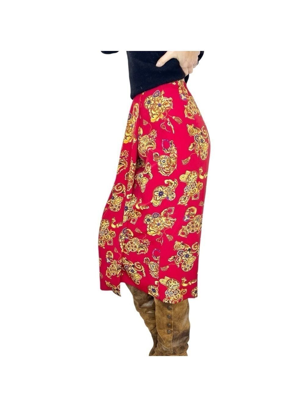 Vintage red gold floral print faux wrap midi skirt 6